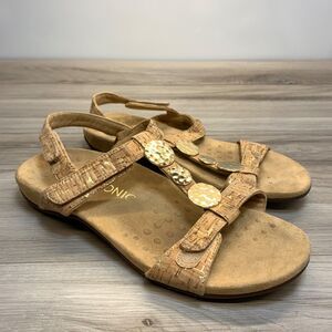 Vionic Women 10 Farra Cork Tan Slingback T-Strap Flat Sandals Comfort Shoes